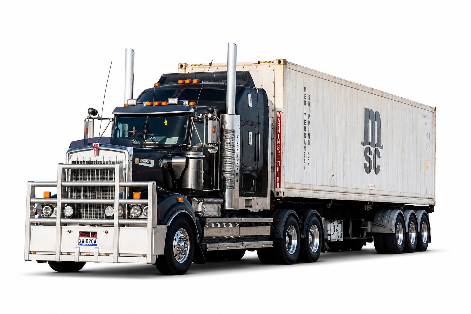 Container freight truck with shipping container trailer